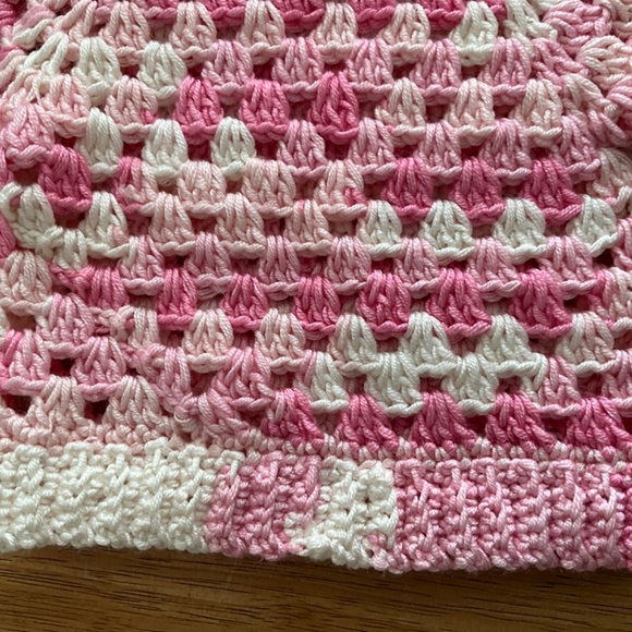 Hand Crafted Crochet baby child sweater Pullover Pastel Pink White ribbed cuff - Picture 4 of 4